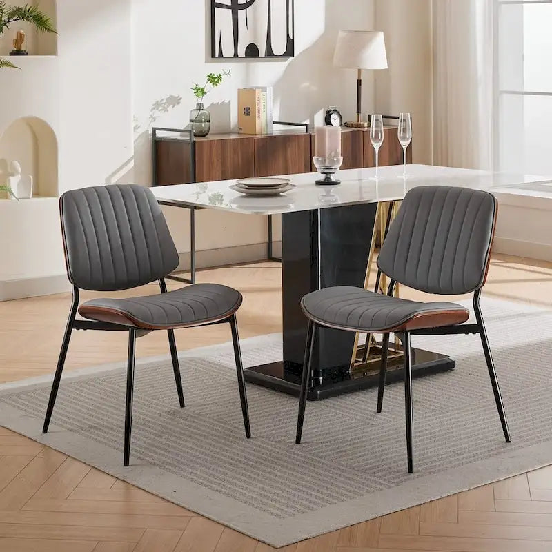 Retro Linen Dining Chairs Set of 2, Bentwood Back with Metal Legs