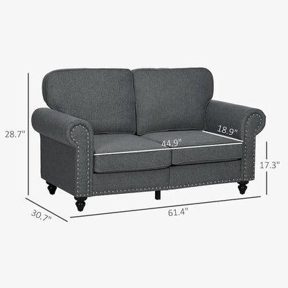 HOMCOM 61 Loveseat Sofa, Mid Century Modern 2 Seater Small Couch with Nailhead Trim, Rolled Arm, Fabric Upholstered Love Seat