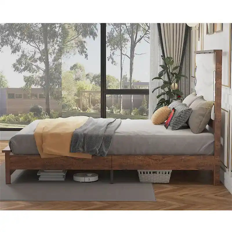 King Size Bed Frame with Upholstered Headboard, Charging Station