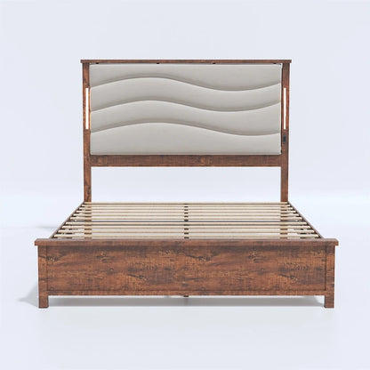 King Size Bed Frame with Upholstered Headboard, Charging Station